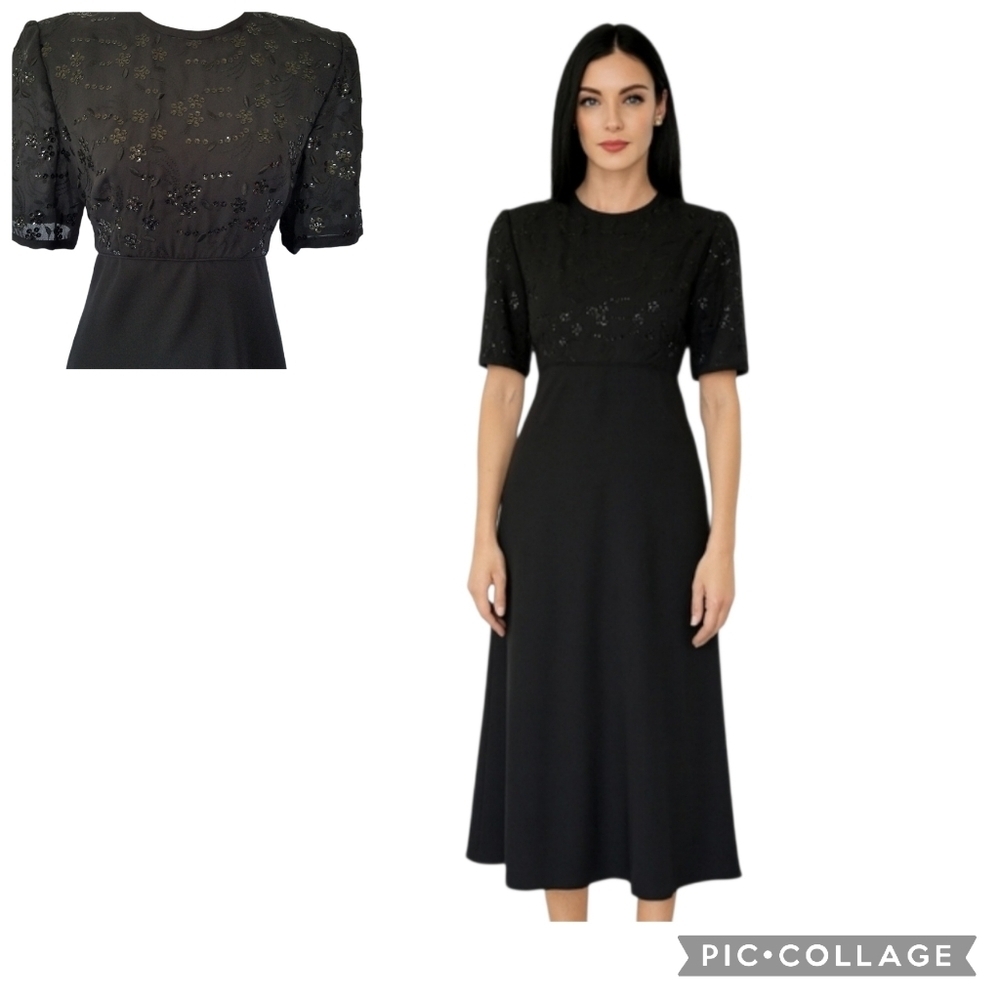 Stunning Vintage Black Beaded Sequins High Waist Classic Evening Gown